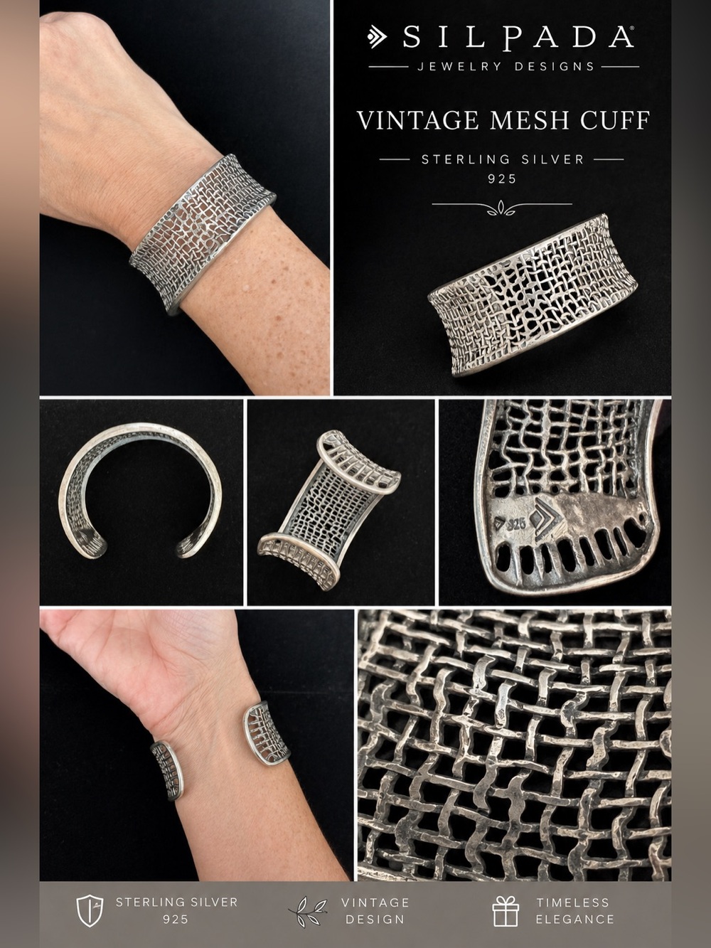 🔹 Vintage Silpada Sterling Silver Openwork Mesh Cuff Bracelet 925 Silver 30.34g